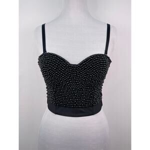Black Beaded Corset Bustier Crop Top Bralette with Removable Straps | Size S